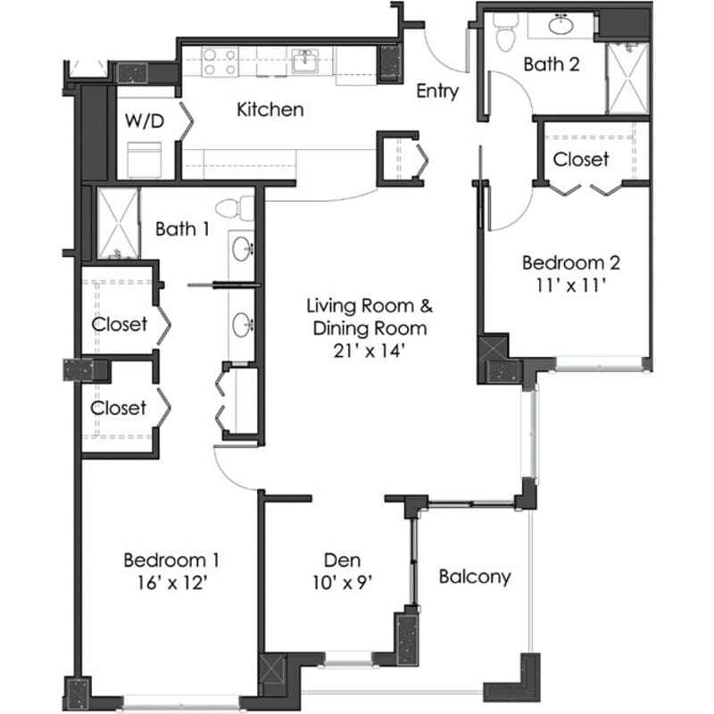 The Levin Palace - Capri Floor Plan - Spacious 2 Bedroom / 2 Bath / Den / Dining