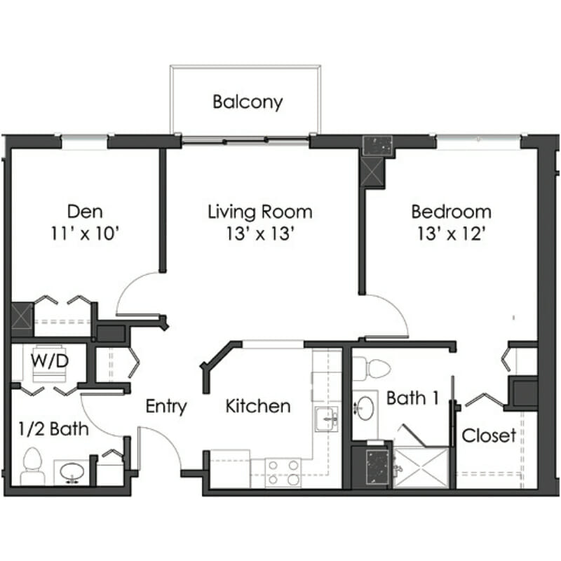 The Levin Palace - Positano Floor Plan - Spacious 1 Bedroom / 1.5 Bath / Den