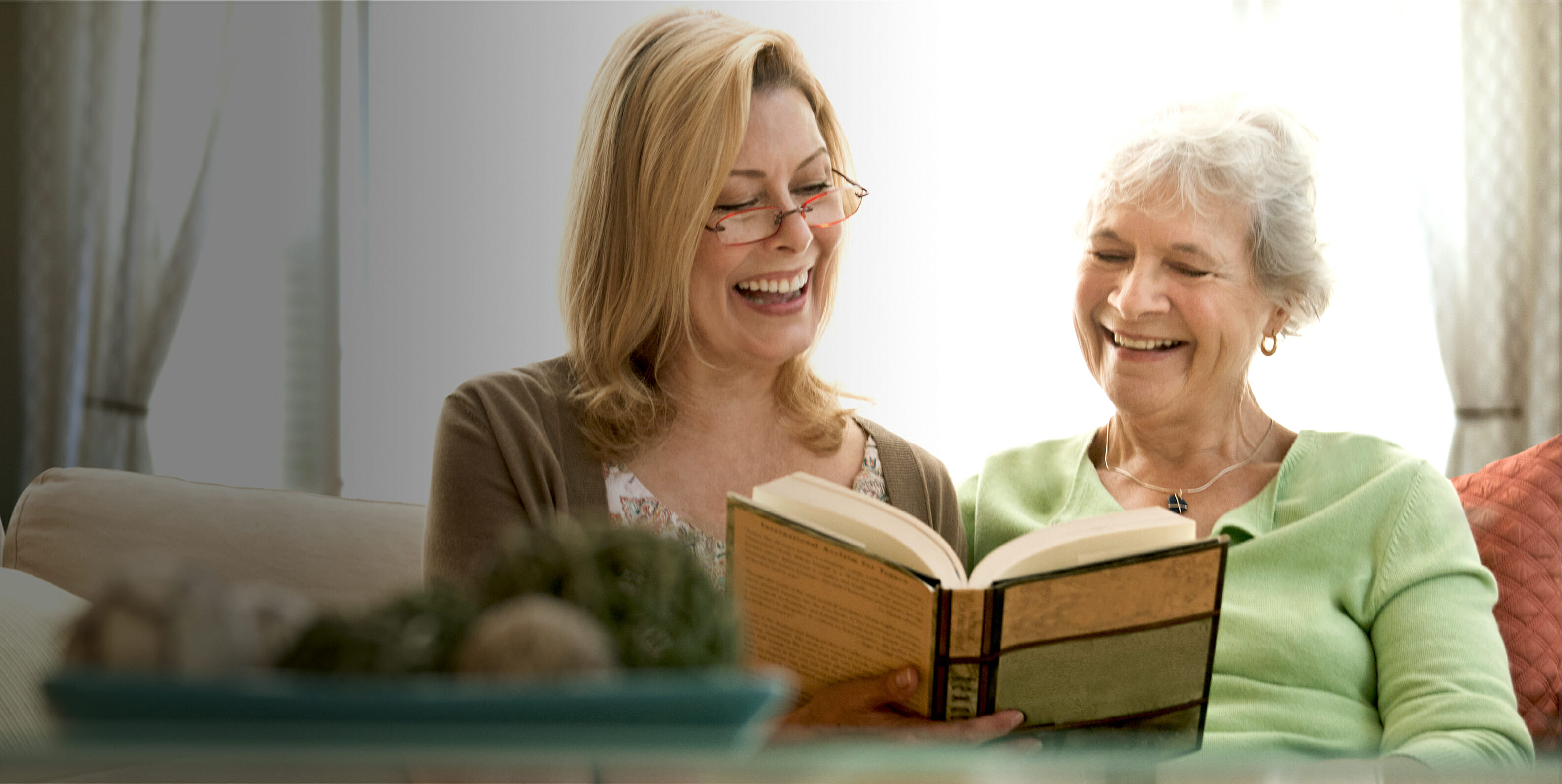 Private aide care giver reading to senior resident at home care